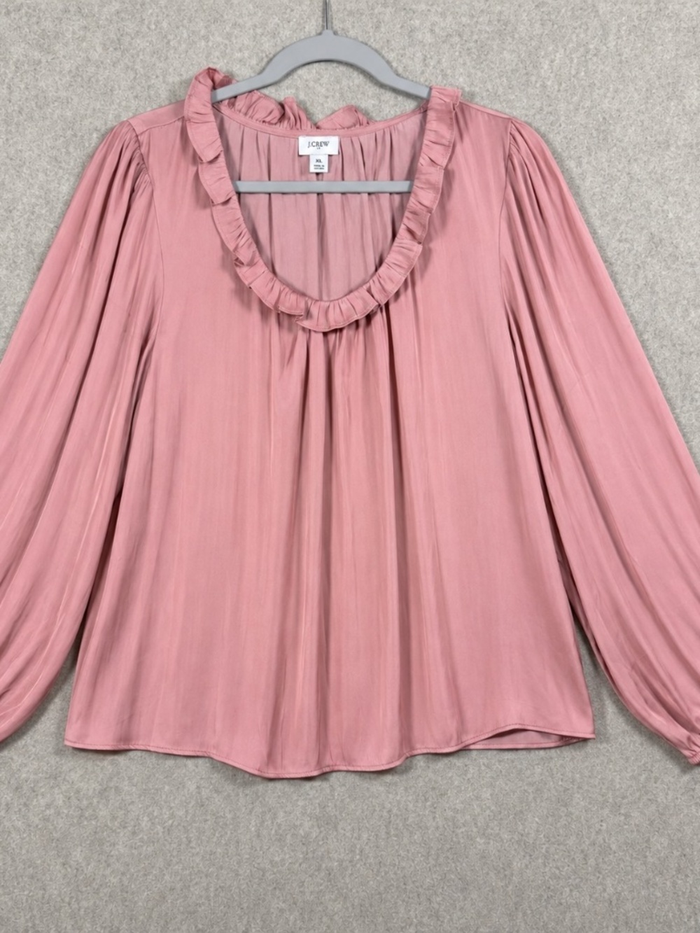 J.Crew Women's Satin Blouse Dusty Rose Ruffle Neck Balloon Sleeve Size XL